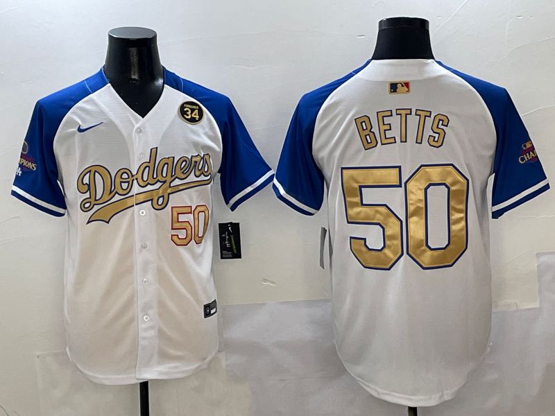 Men Los Angeles Dodgers #50 Betts White Blue Game Nike 2025 MLB Jersey style 4